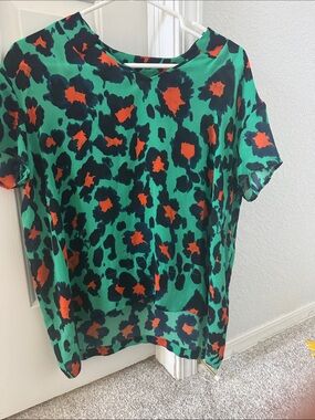 CAbi Emerald Green Short-Sleeve Leopard Print Blouse with Black and Orange Spots